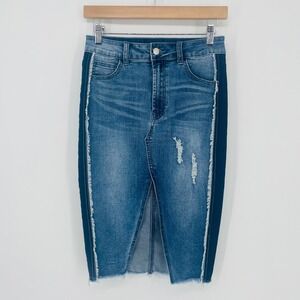 LITZ Denim Two Tone Distressed Midi Skirt Blue Frayed Side Stripe size S‎ Y2K